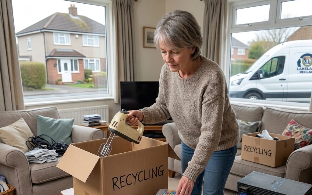 A homeowner boxing up an old hand mixer and other small electricals for collection, with the Lakeland Reclaim van outside